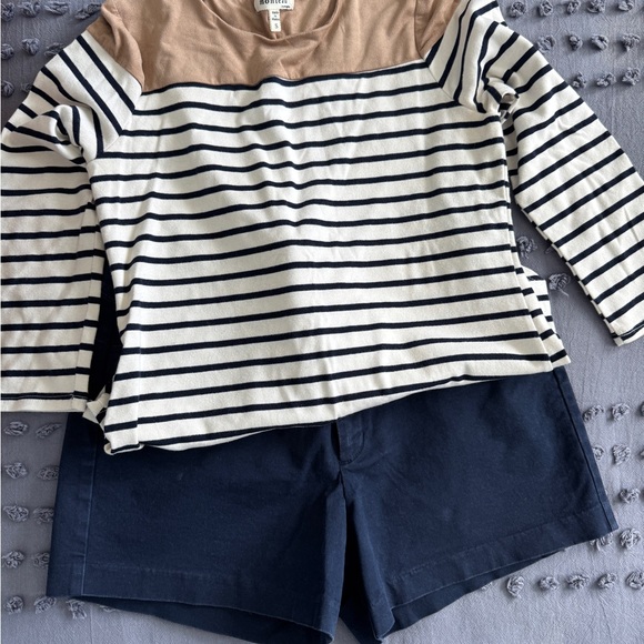 Monteau Tops - Striped Tan and Navy Shirt and Shorts Set
